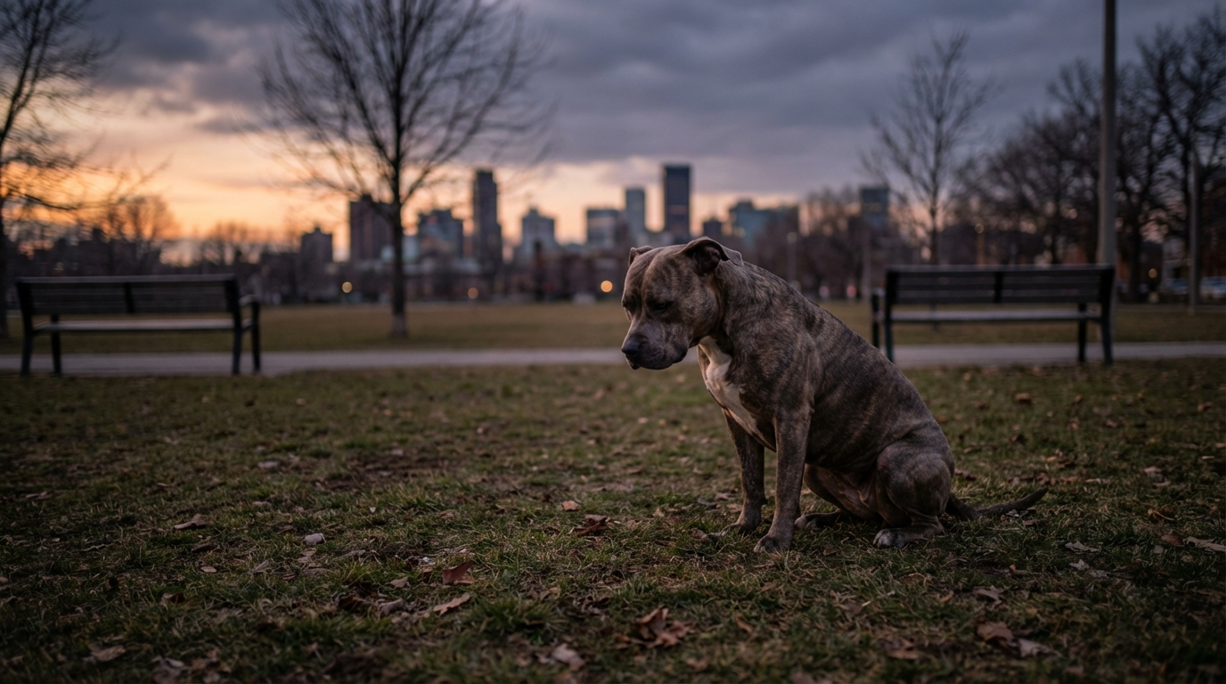 Une femelle American Bully de couleur bringée assise dans un parc, regardant pensivement, symbolisant la complexité d'un drame animalier.
