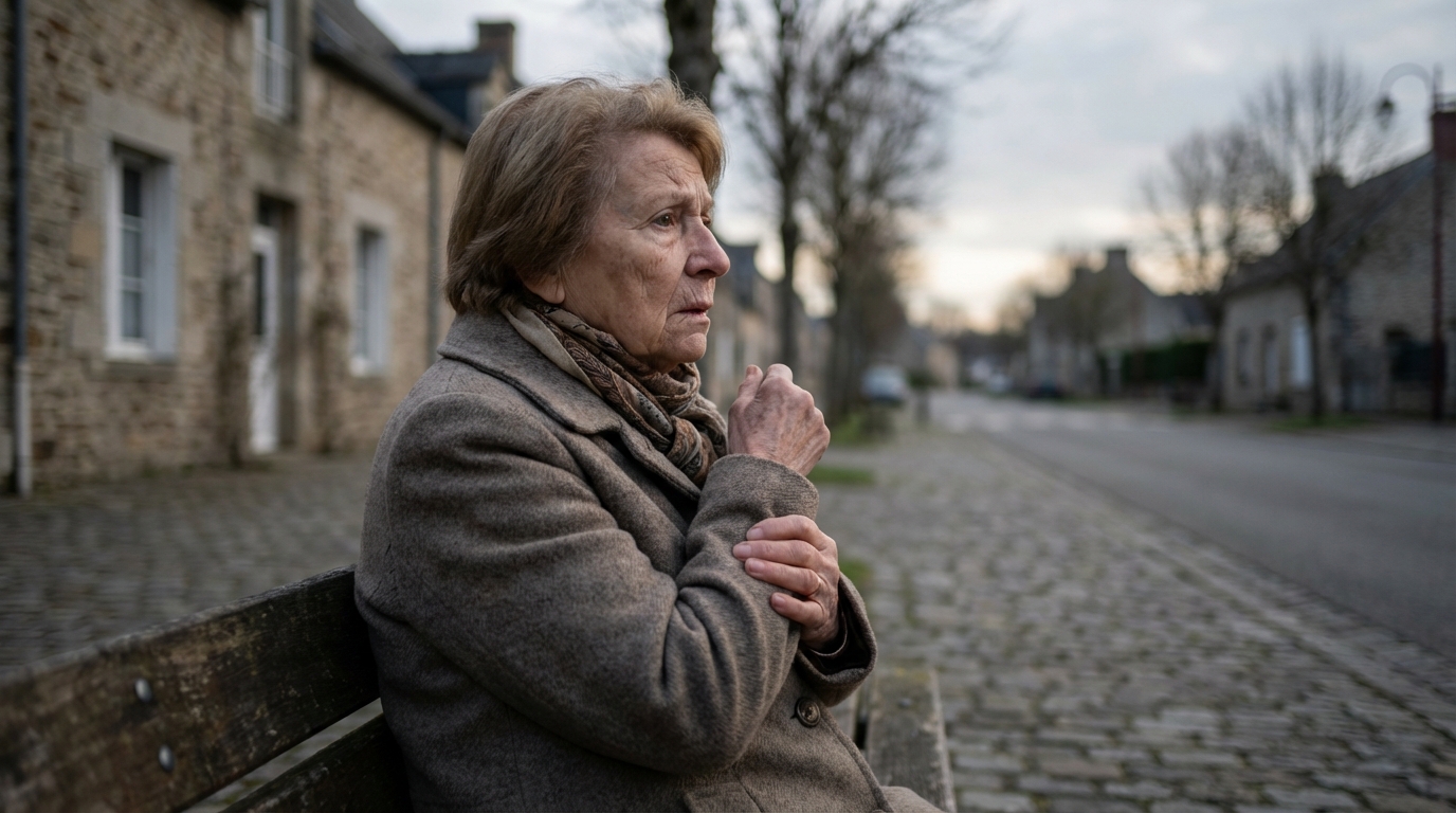 Une femme âgée, visiblement choquée, est assise seule sur un banc dans une rue calme, se tenant le bras après une agression.