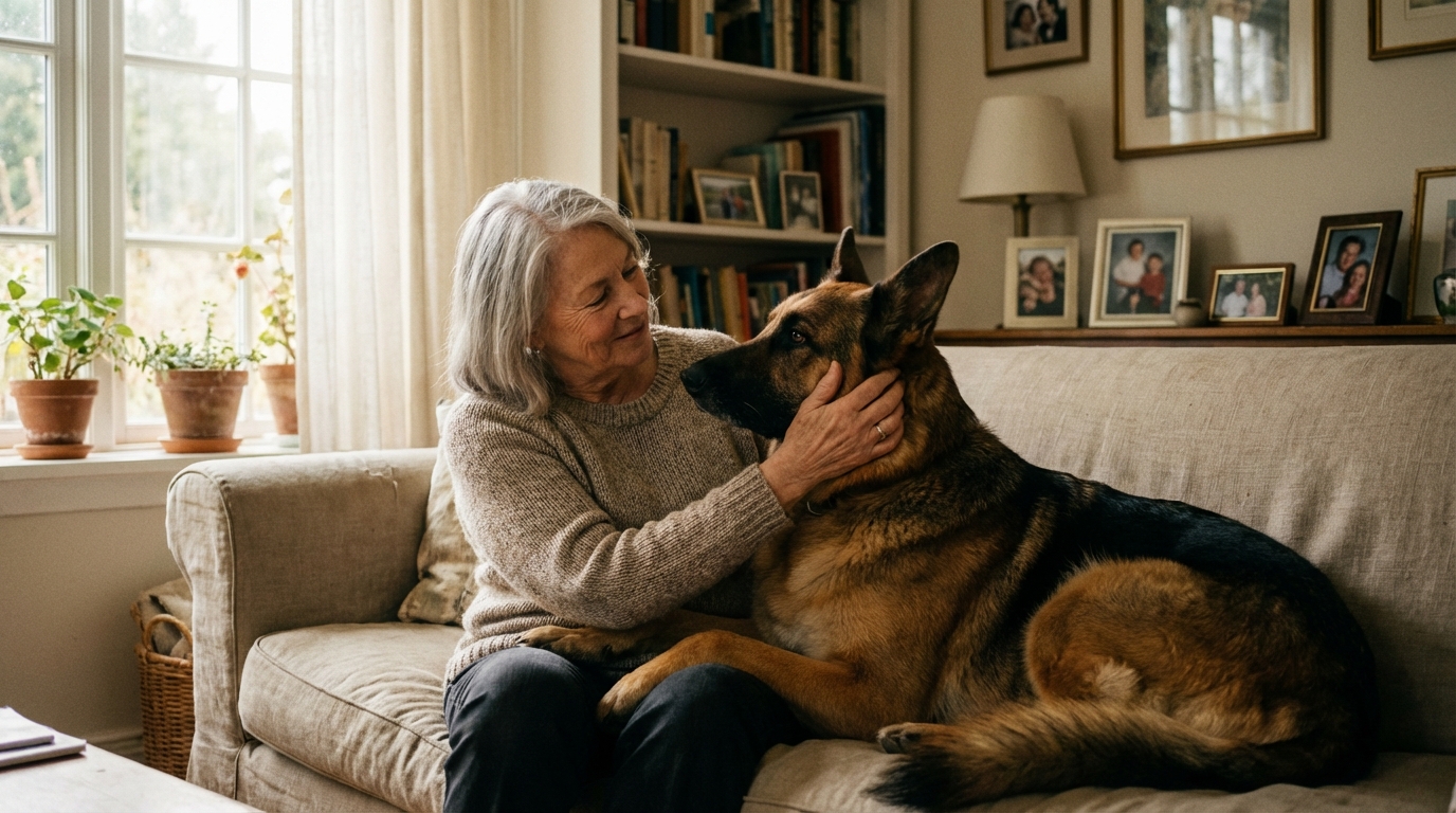 Une femme âgée souriante caresse tendrement son berger allemand, illustrant le lien unique qui a permis de détecter une maladie grave.