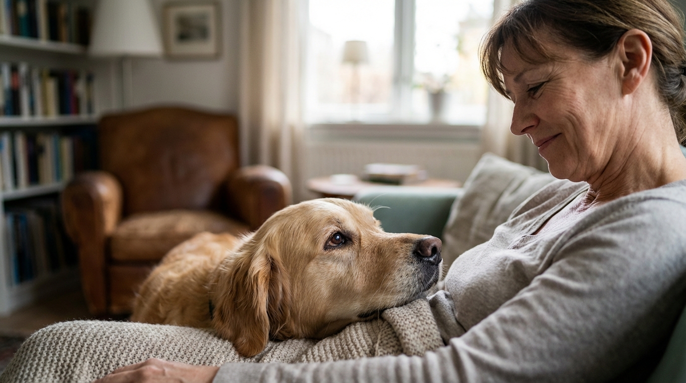 Une femme montre de l'affection à son chien en le caressant doucement, illustrant le lien fort qui peut exister malgré une tragédie.