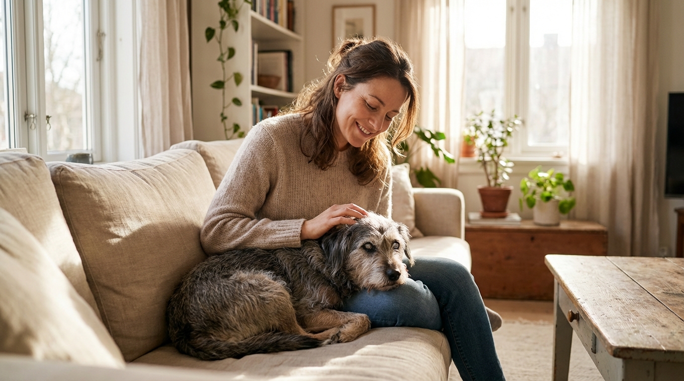 Une femme sourit avec émotion en caressant son vieux chien au pelage grisonnant, confortablement installés dans un salon lumineux.