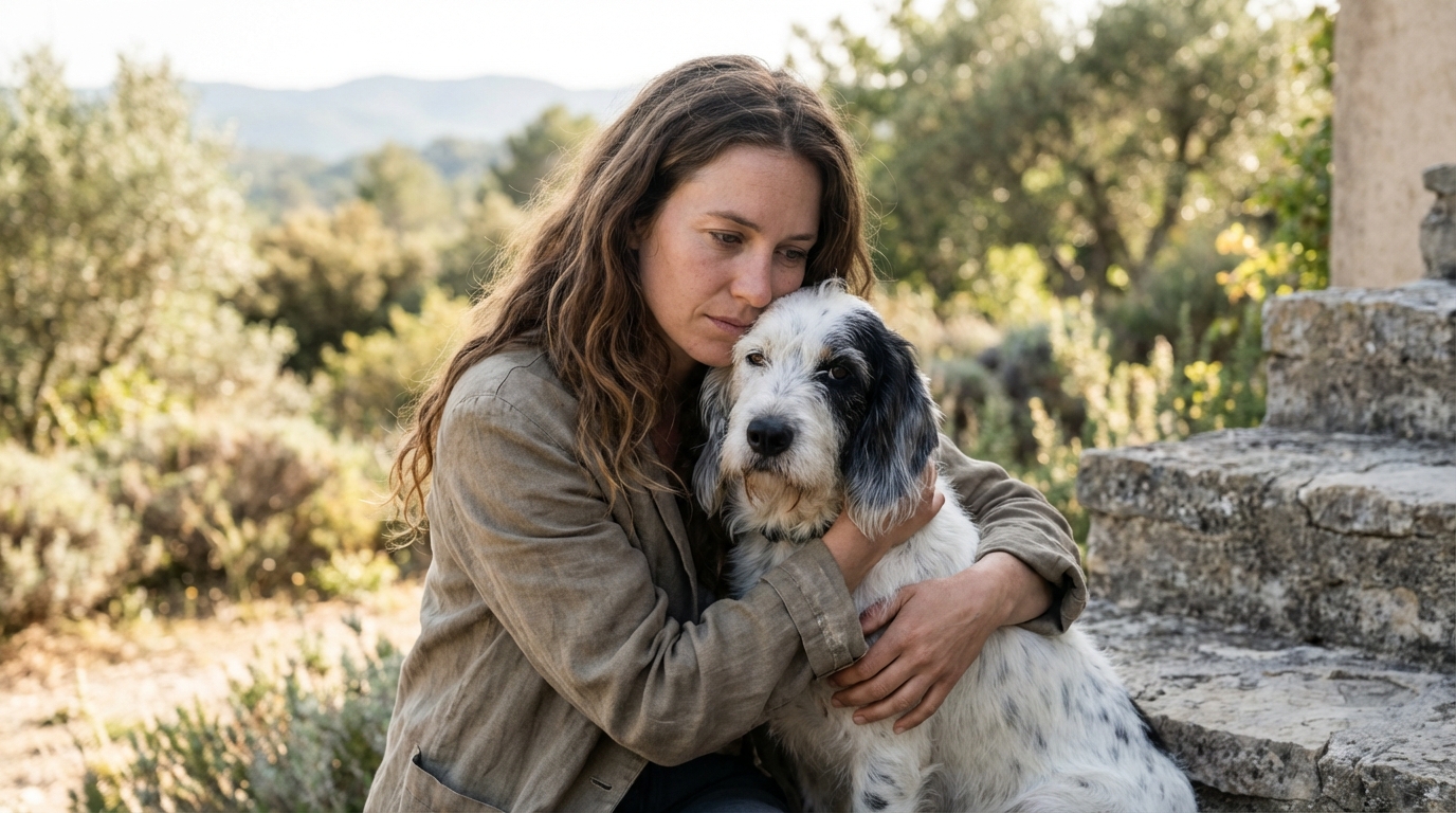 Une femme assise sur des marches en pierre enlace tendrement son chien blanc à taches noires, qui la regarde avec un air loyal et doux.