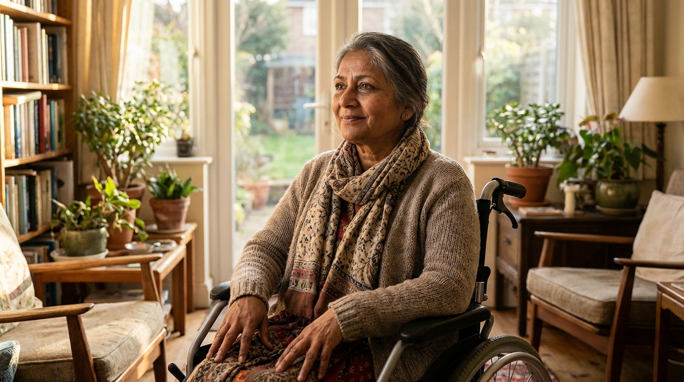 Une femme montrant une incroyable résilience et de l'espoir après une épreuve difficile, assise dans un salon lumineux.