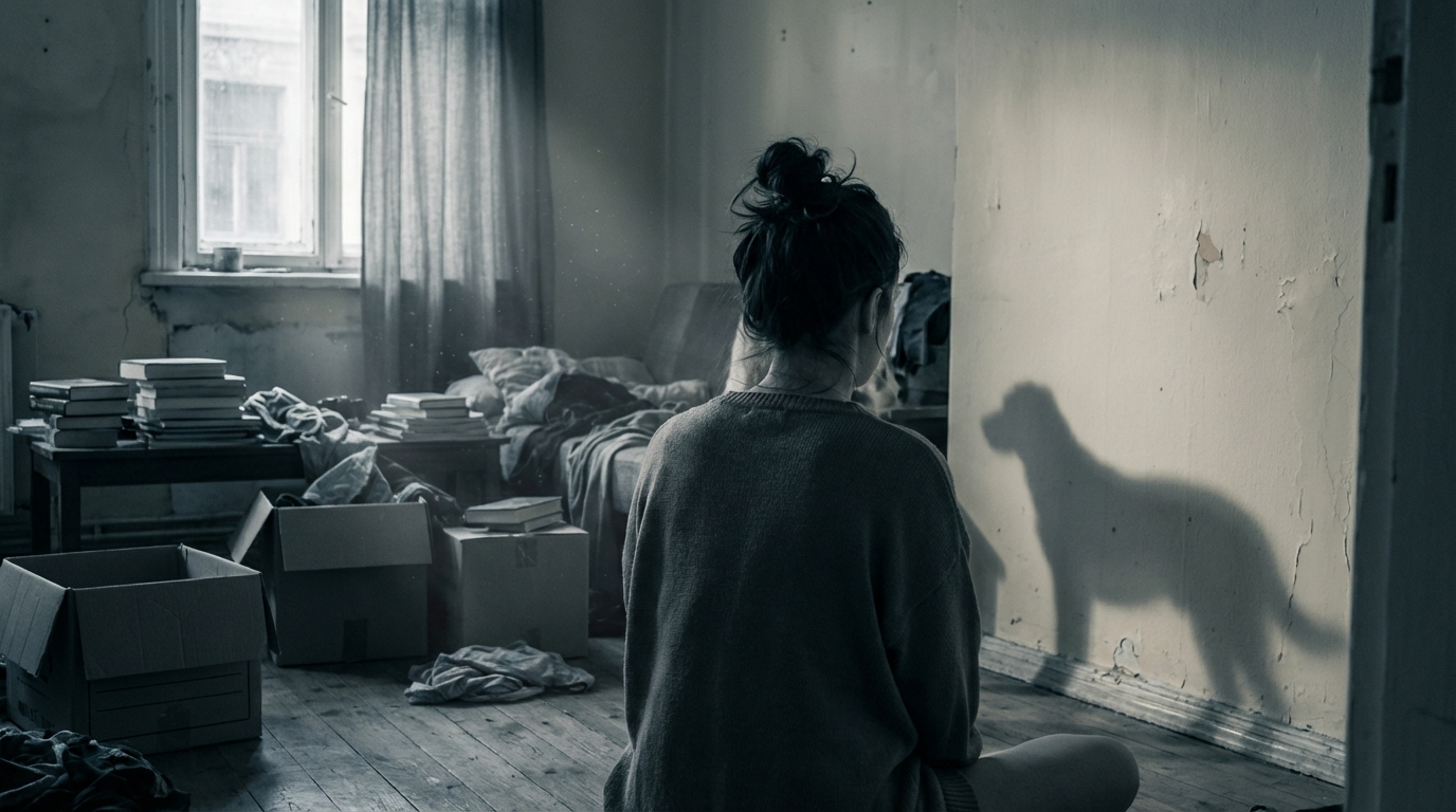 Silhouette d'une femme assise sur le sol d'une pièce sombre, un chien fidèlement assis près d'elle, évoquant la solitude et la détresse.
