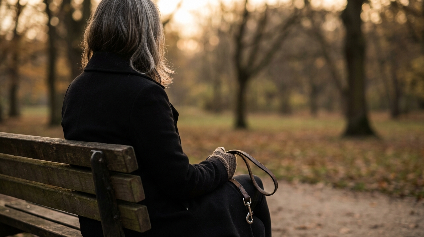 Une femme assise sur un banc, le dos tourné, tenant la laisse vide de son chien décédé, symbolisant la perte et le chagrin.