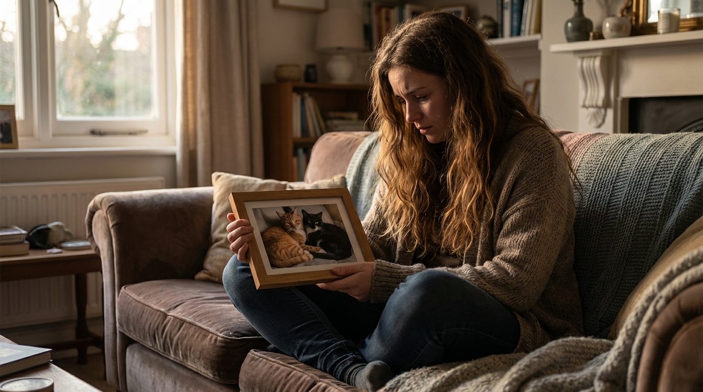 Une jeune femme, le visage accablé de tristesse, est assise sur son canapé et regarde une photo de ses deux chats disparus.