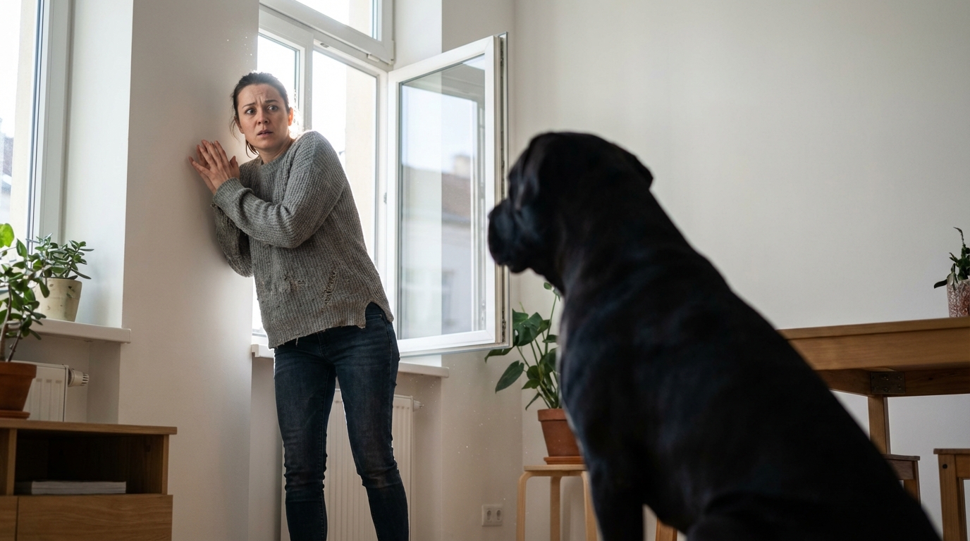 Une jeune femme regarde avec peur un grand chien de type molosse dans un salon d'appartement, la main devant la bouche en signe de choc.