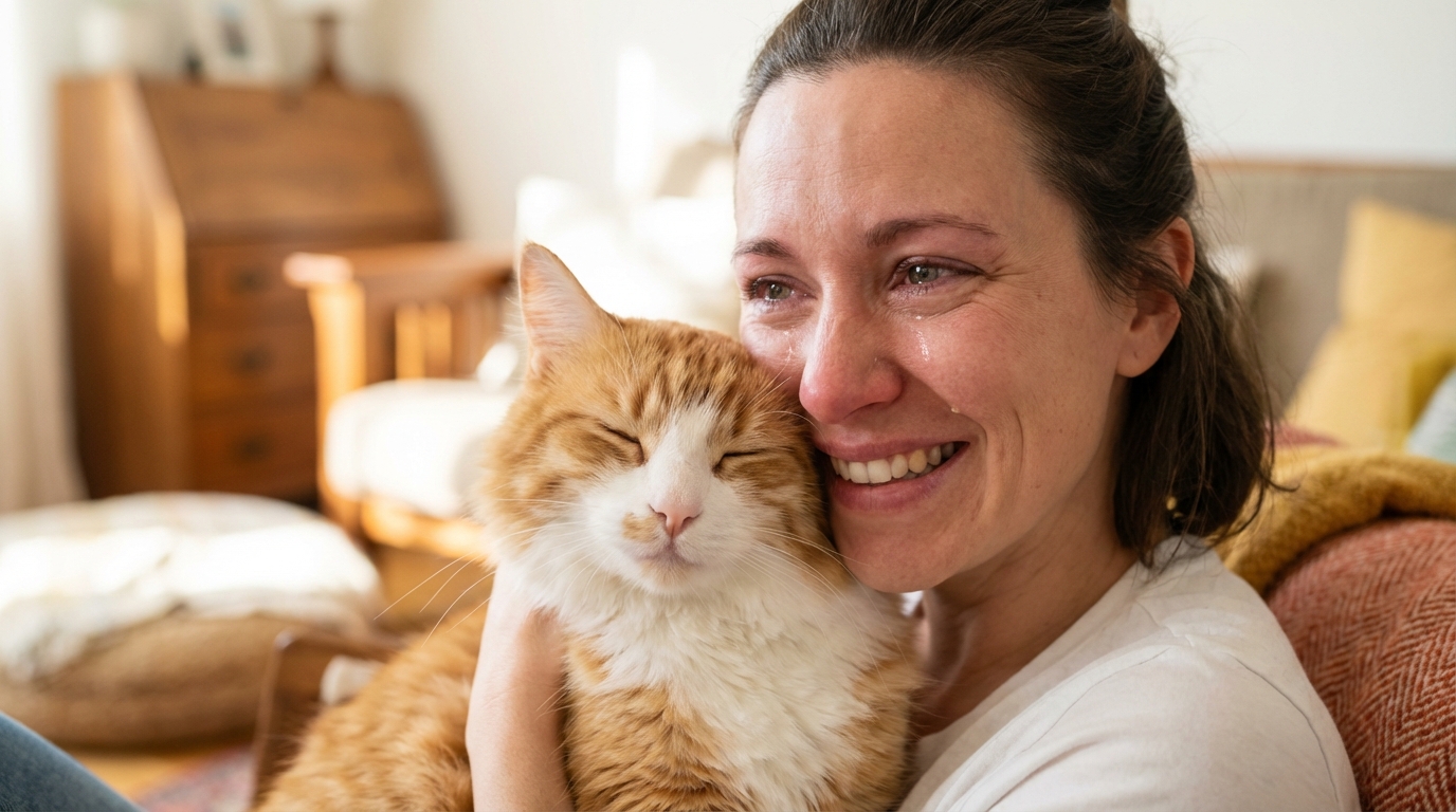 Une femme émue aux larmes serre tendrement dans ses bras son chat roux et blanc après une longue période de séparation.