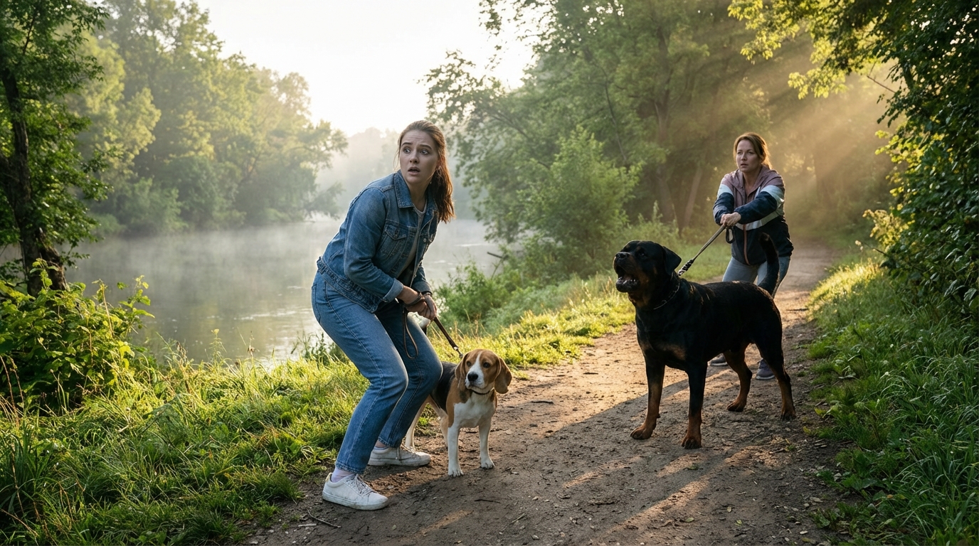 Une femme se protège d'un grand chien noir de type rottweiler lors d'une promenade au bord de l'eau, son propre chien à côté d'elle.