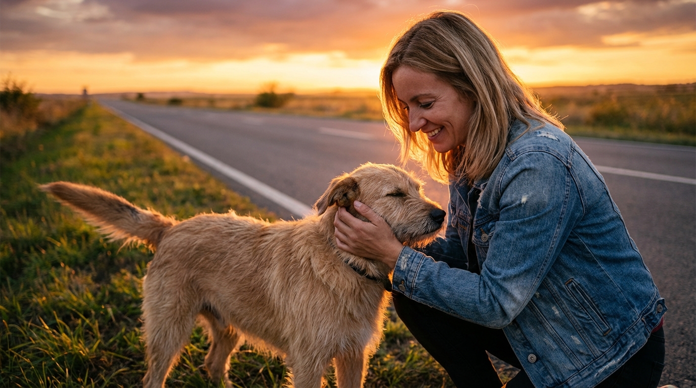 Une femme bienveillante caresse doucement un chien de type labrador de couleur claire, assis sur le bord d'une route de campagne au crépuscule.