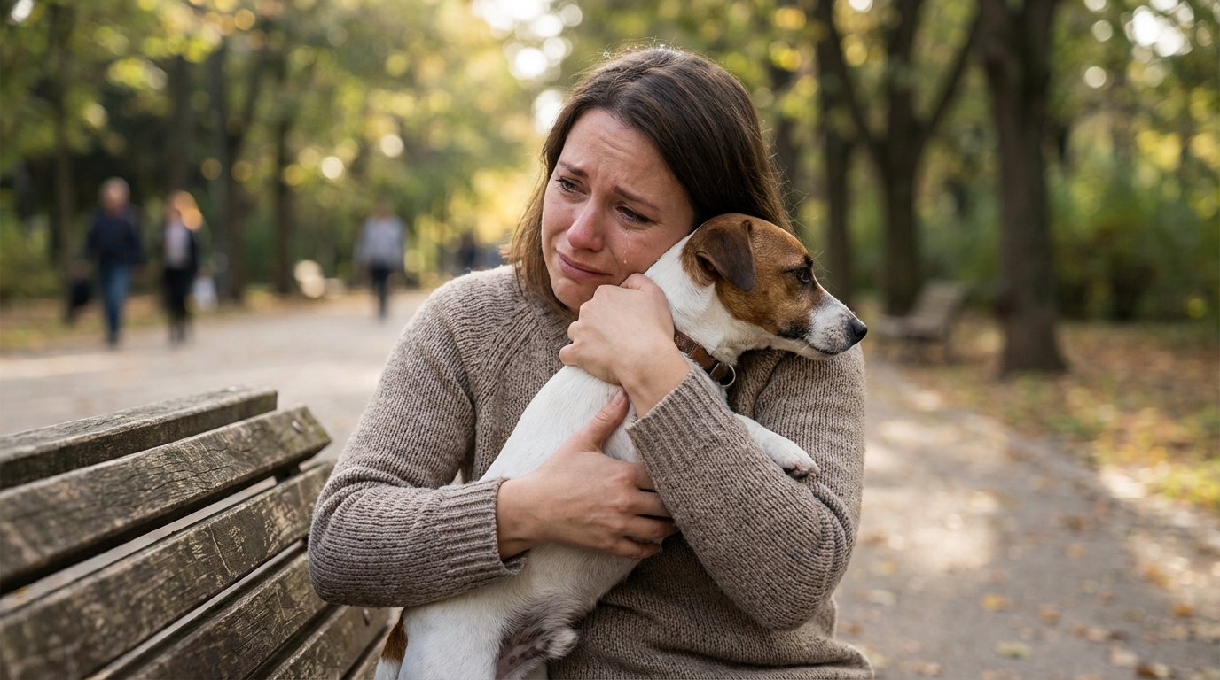 Une femme assise sur un banc dans un parc, tenant tendrement son petit chien dans ses bras, le visage empreint d'inquiétude et de soulagement.