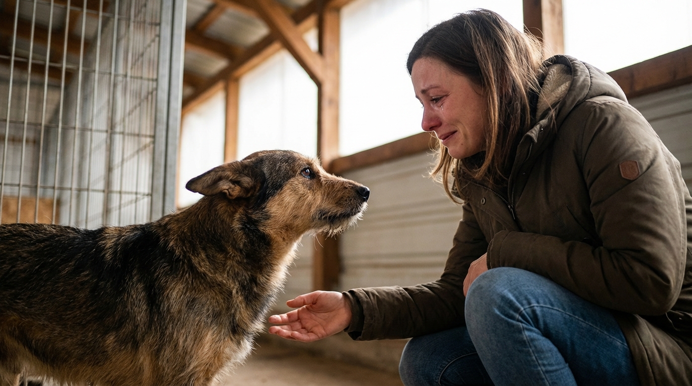 Une jeune femme s'accroupit avec un sourire ému pour caresser un chien de refuge qui lui lèche timidement la main, lors d'une première rencontre.