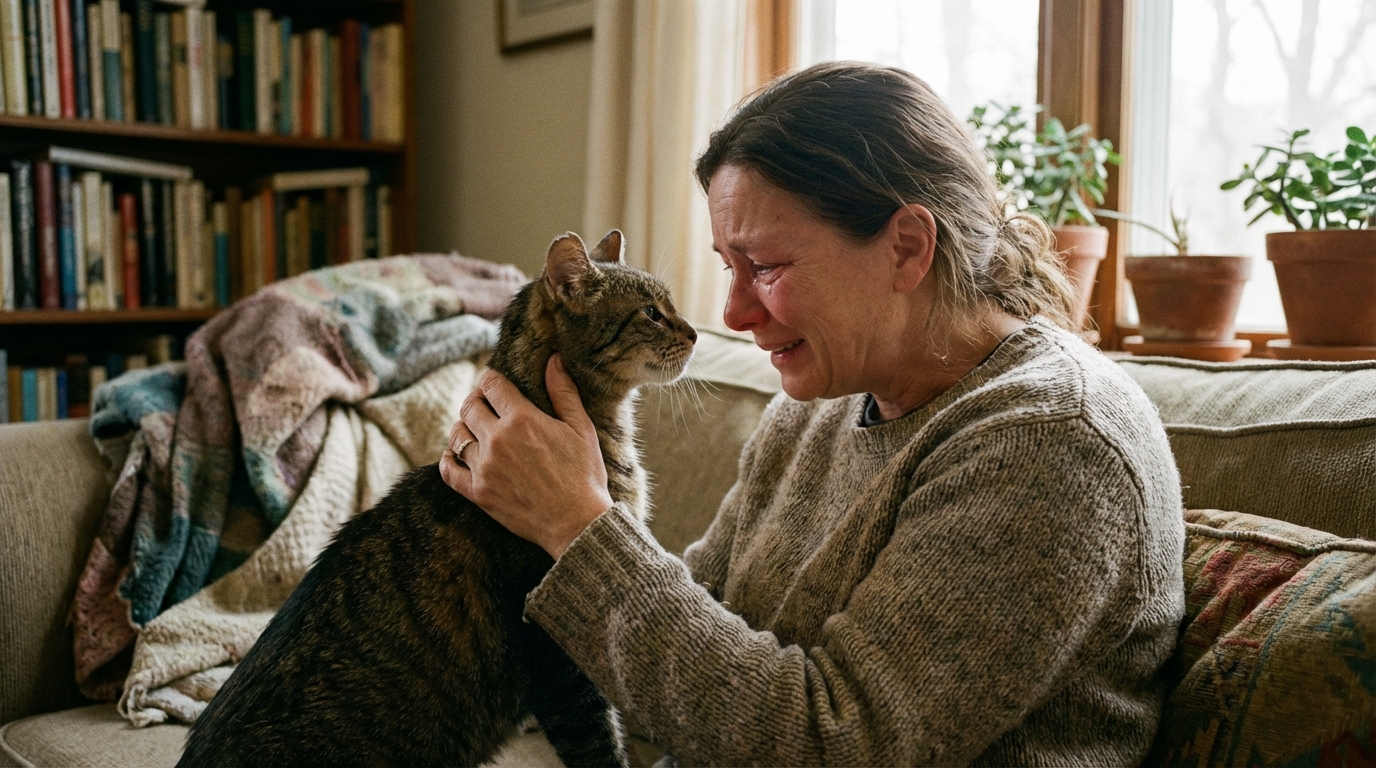 Une femme d'âge mûr caresse tendrement un chat âgé au pelage tigré, assis sur ses genoux, symbolisant des retrouvailles émouvantes.