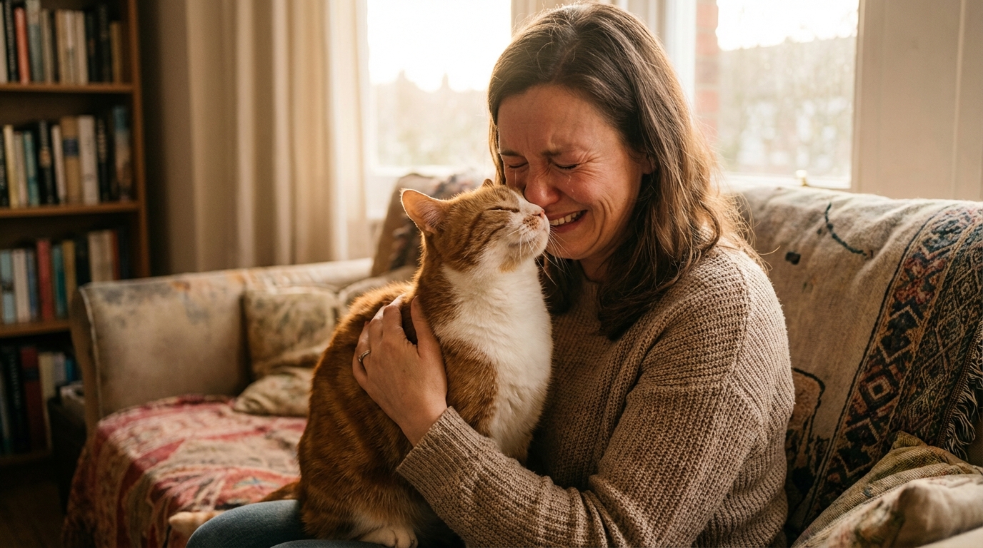 Une femme émue serre tendrement dans ses bras son chat roux et blanc après dix ans de séparation, le visage rempli de joie et de larmes.