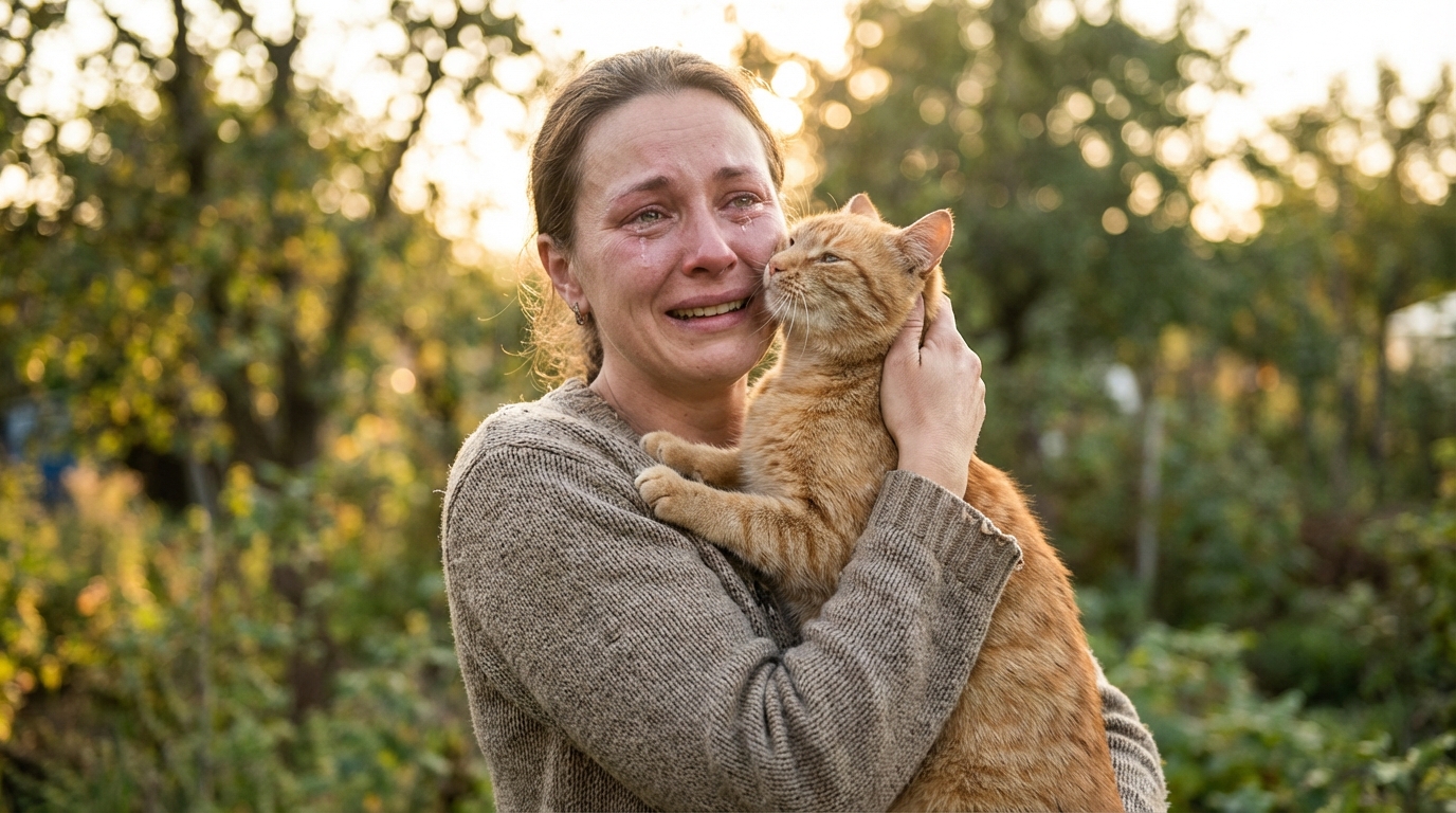 Un chat tigré se blottit avec confiance dans les bras de sa propriétaire, qui le regarde avec des yeux remplis d'émotion et de soulagement.