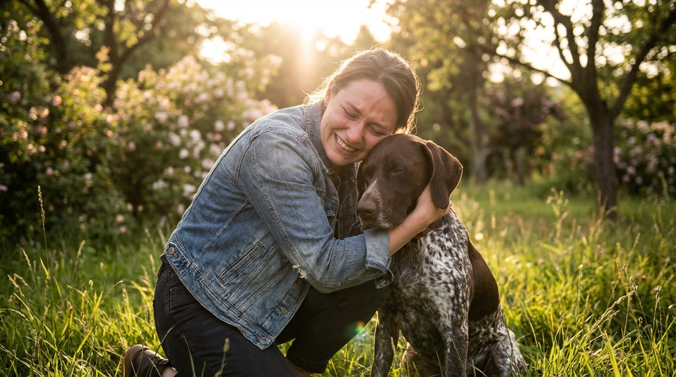 Une femme émue serre son chien de race braque dans ses bras, symbolisant leurs retrouvailles après un enlèvement traumatisant.