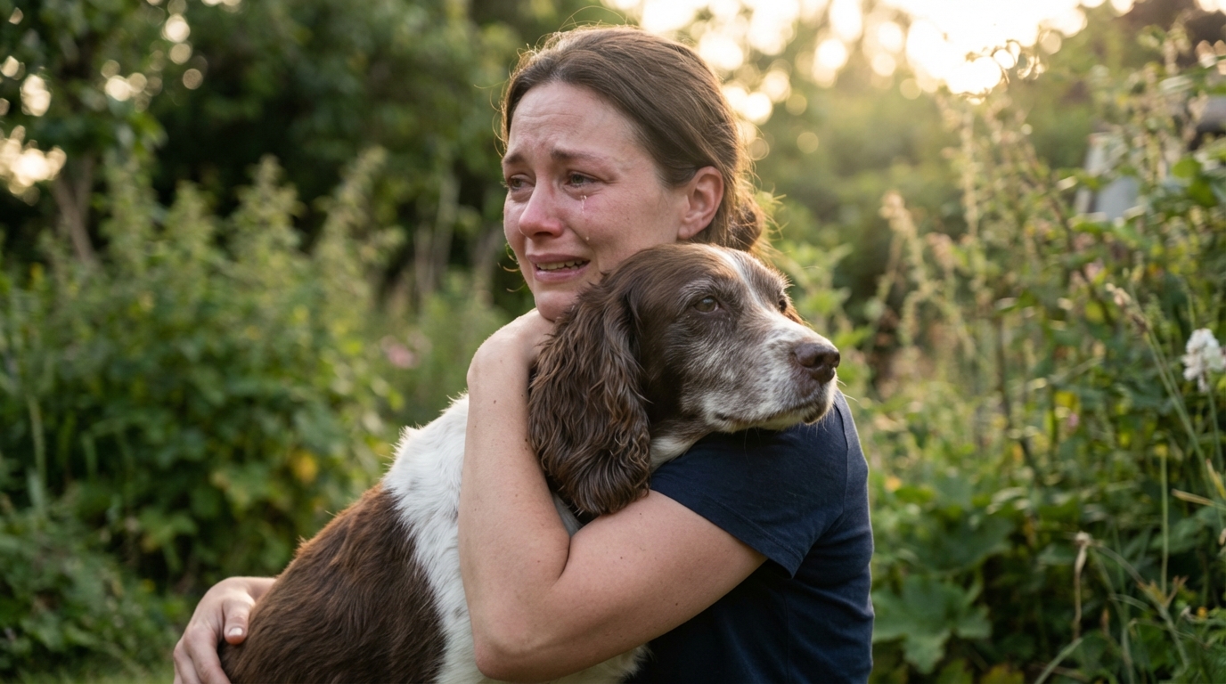 Une femme, les larmes aux yeux, serre tendrement dans ses bras un chien de type Épagneul dans un jardin ensoleillé.
