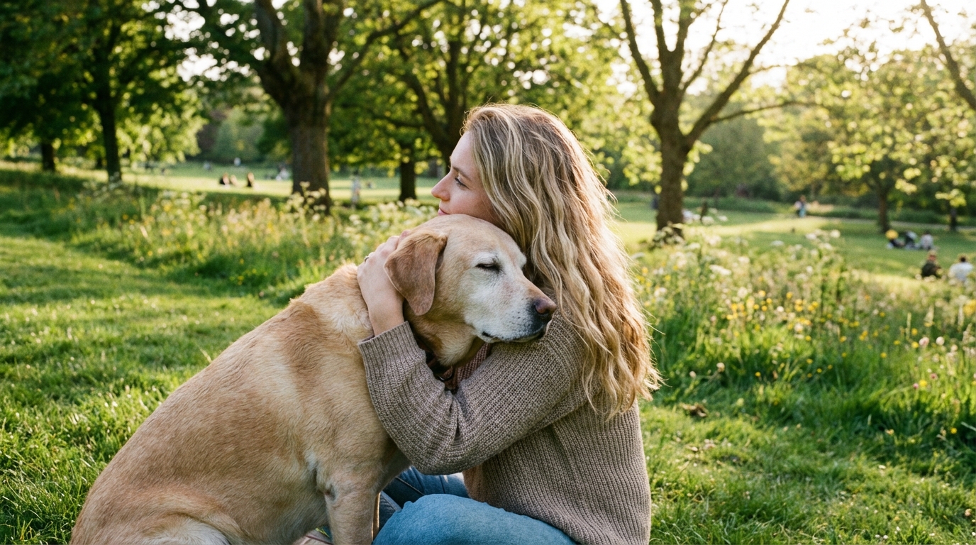 Une femme heureuse câline tendrement son chien Labrador senior au pelage grisonnant, assise dans l'herbe d'un parc ensoleillé.