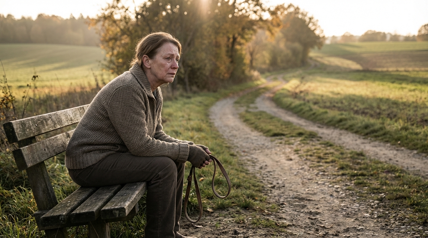 Une femme assise sur un banc, le regard triste, tenant en laisse la place vide à côté d'elle, symbolisant la perte de son chien.
