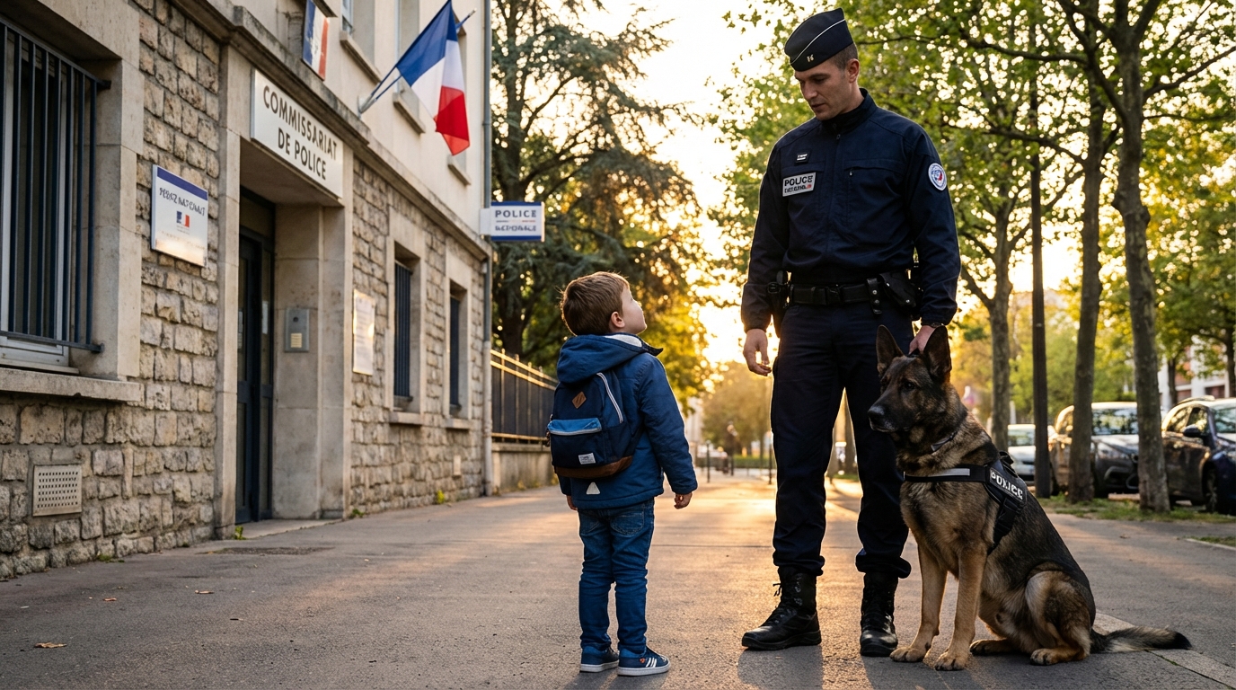 Un petit garçon de cinq ans regarde avec admiration un policier en uniforme accompagné de son chien, un berger allemand, devant un commissariat.