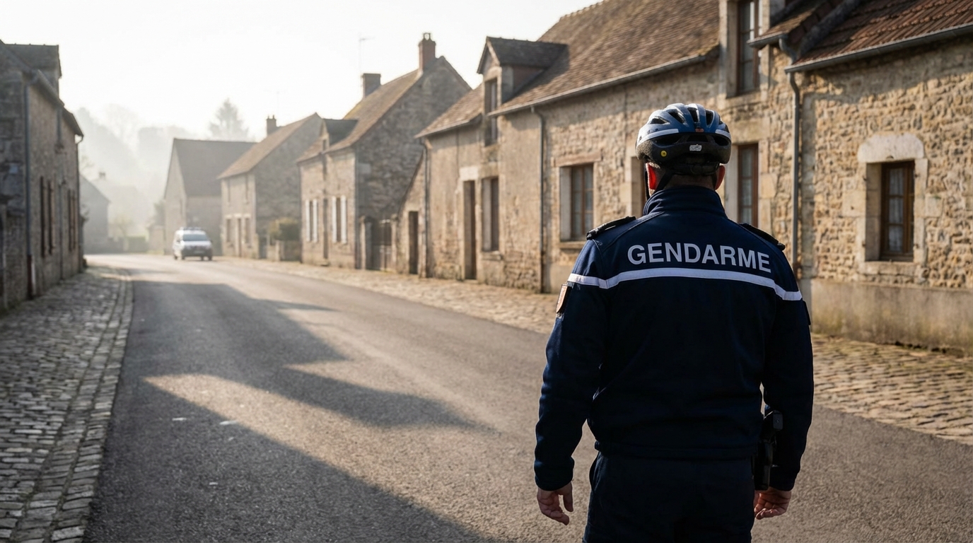 Un gendarme en uniforme officiel français se tient de dos, regardant une rue de village calme, symbolisant une intervention inattendue.