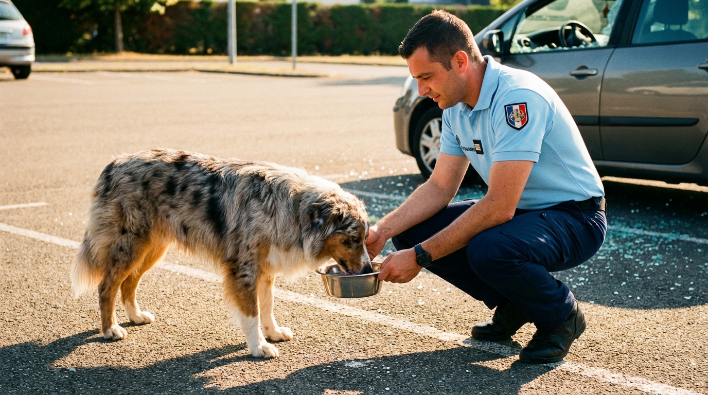 Un gendarme français donne de l'eau à un chien haletant près d'une voiture dont la vitre est brisée, symbolisant le sauvetage.