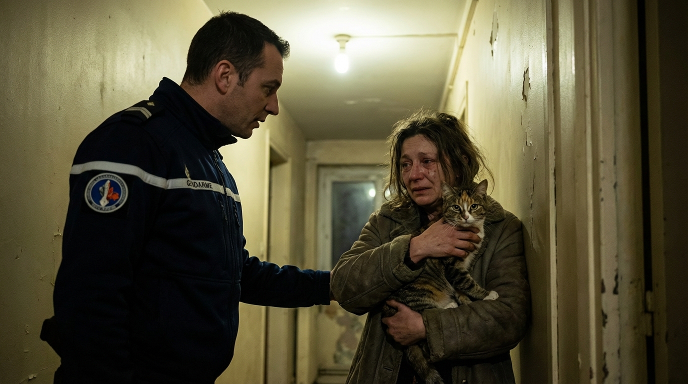 Un gendarme français en uniforme rassure une femme tenant son chat dans ses bras devant la porte d'un appartement la nuit.