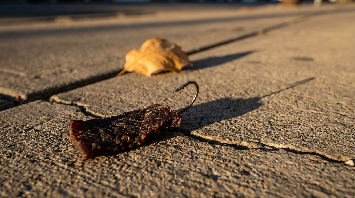 Un hameçon de pêche est dissimulé dans un morceau de viande séchée posé sur le sol d'un trottoir, illustrant un danger mortel pour les chiens.