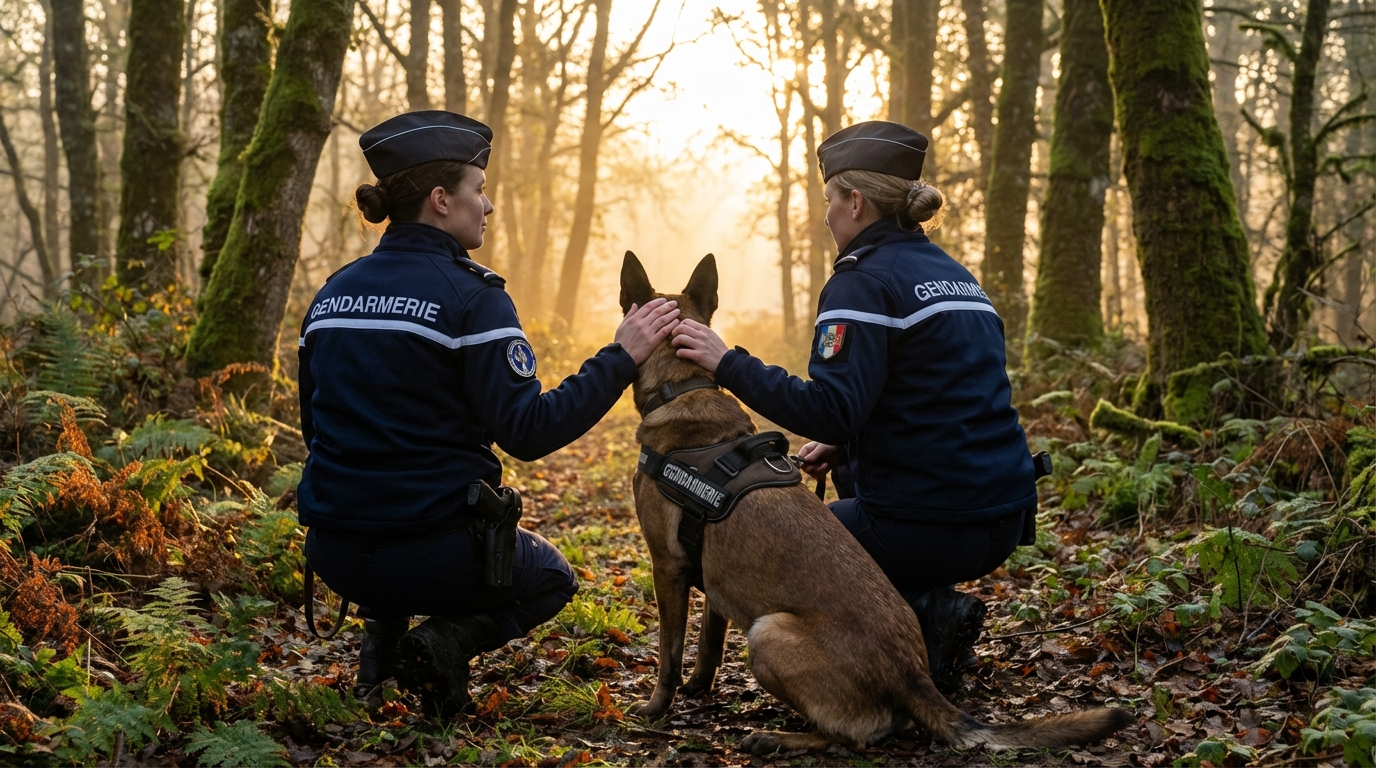 Un chien de la Gendarmerie, de race Berger Belge Malinois, assis fièrement à côté de son maître-chien en uniforme.