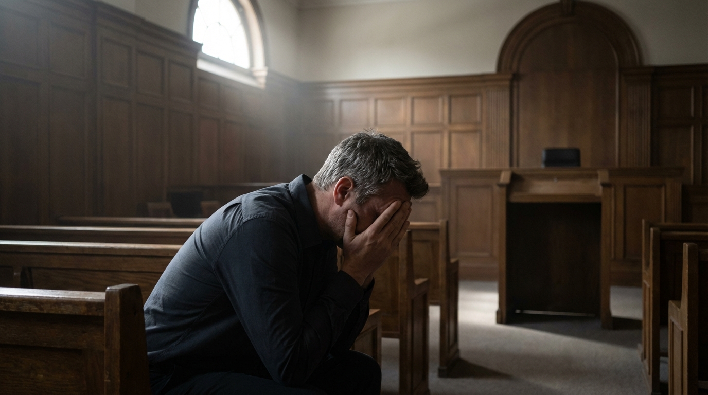 Un homme au visage grave et pensif, assis seul sur un banc, la tête entre les mains, symbolisant le poids d'une terrible vérité.
