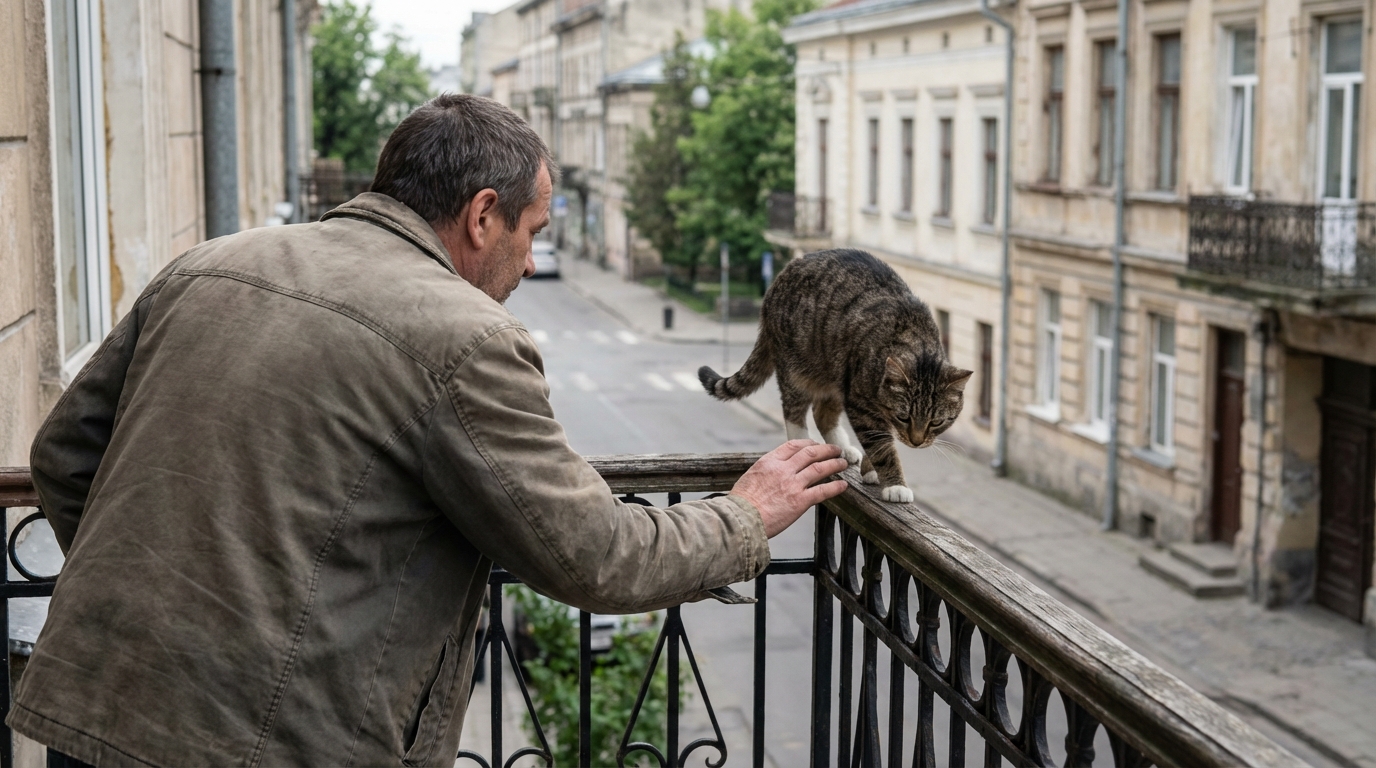 Un homme regarde tendrement son chat assis sur la rambarde d'un balcon, illustrant le lien fort entre un propriétaire et son animal.