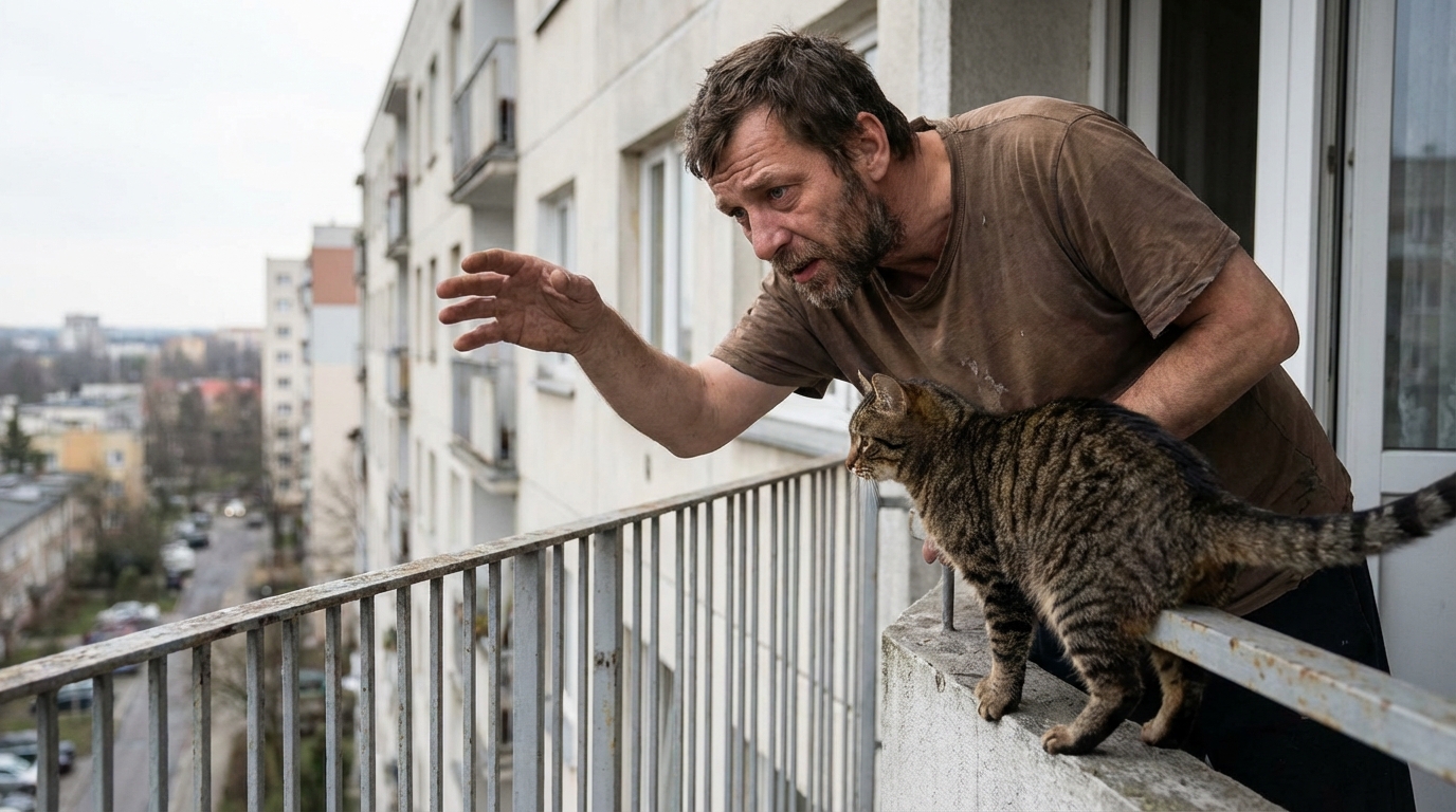 Un homme inquiet regarde son chat en équilibre précaire sur la rambarde d'un balcon, illustrant une situation de grand danger.