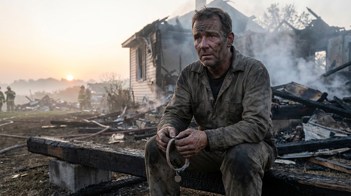 Un homme assis, l'air dévasté devant sa maison brûlée, pleurant la perte de son chat héros qui lui a sauvé la vie.