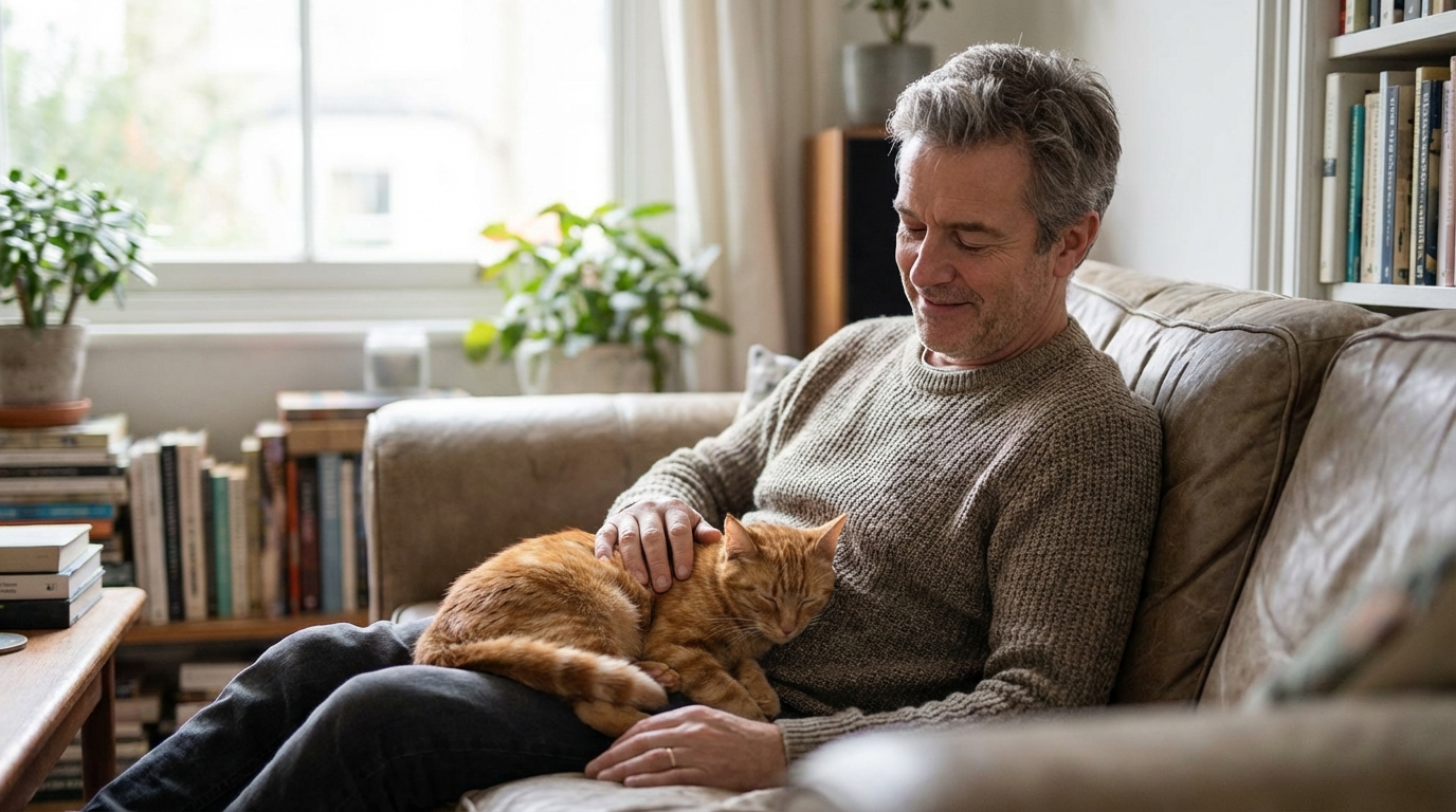 Un homme d'âge mûr caresse tendrement son chat tigré blotti contre lui dans un salon lumineux, une scène de complicité et d'amour.