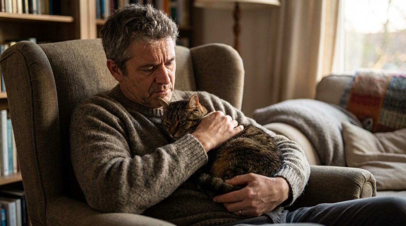 Un homme caresse tendrement son chat tigré, assis sur un canapé, illustrant le lien fort menacé par une amende.