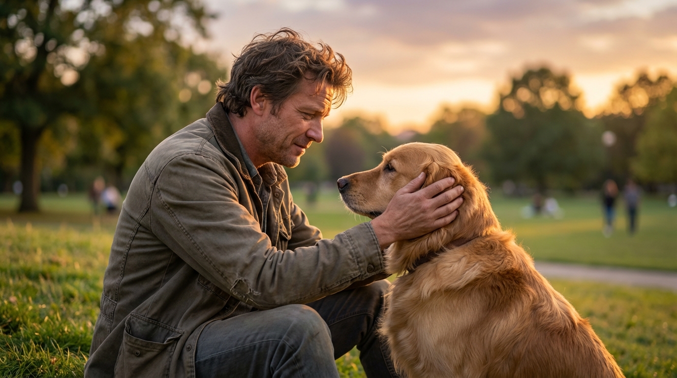 Un homme regarde avec tendresse son chien, qui est assis sagement à ses côtés, symbolisant l'espoir face à la maladie.