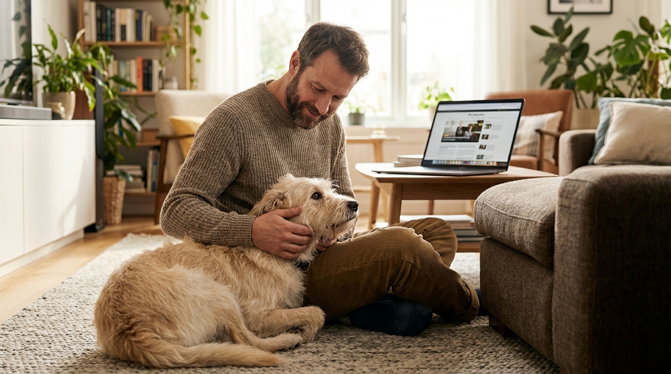 Un homme bienveillant caresse doucement sa chienne malade, tous deux regardant avec espoir un écran d'ordinateur affichant des données médicales.