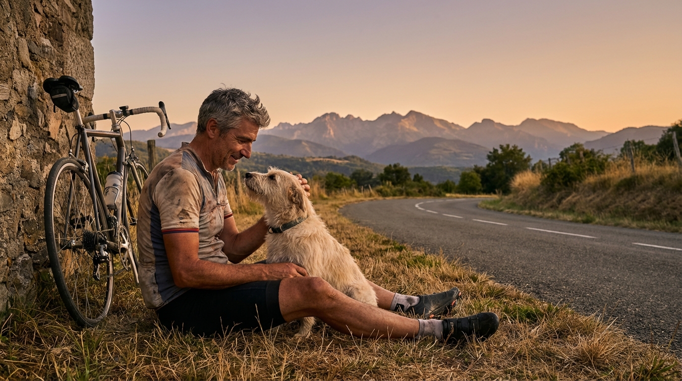 Un homme d'une quarantaine d'années fait une pause à vélo sur une route de campagne, son chien affectueux assis à ses côtés.