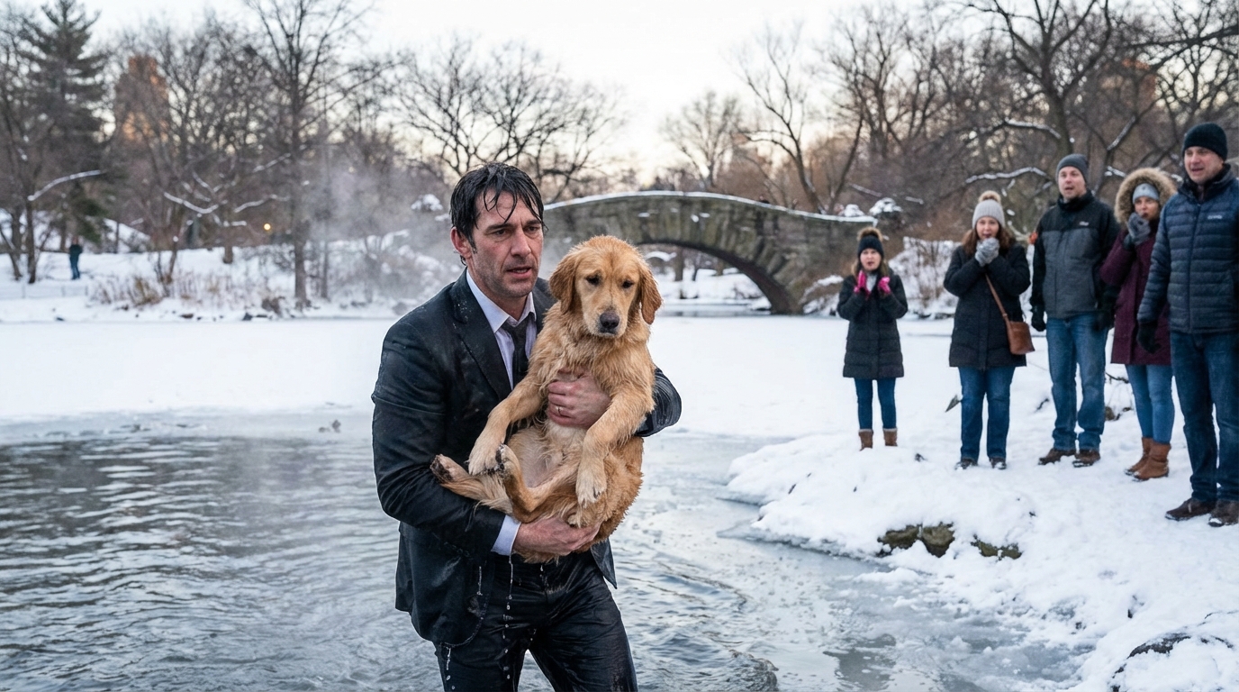 Un homme courageux, trempé et en costume, porte un chien dans ses bras après l'avoir sauvé d'un étang gelé en ville.