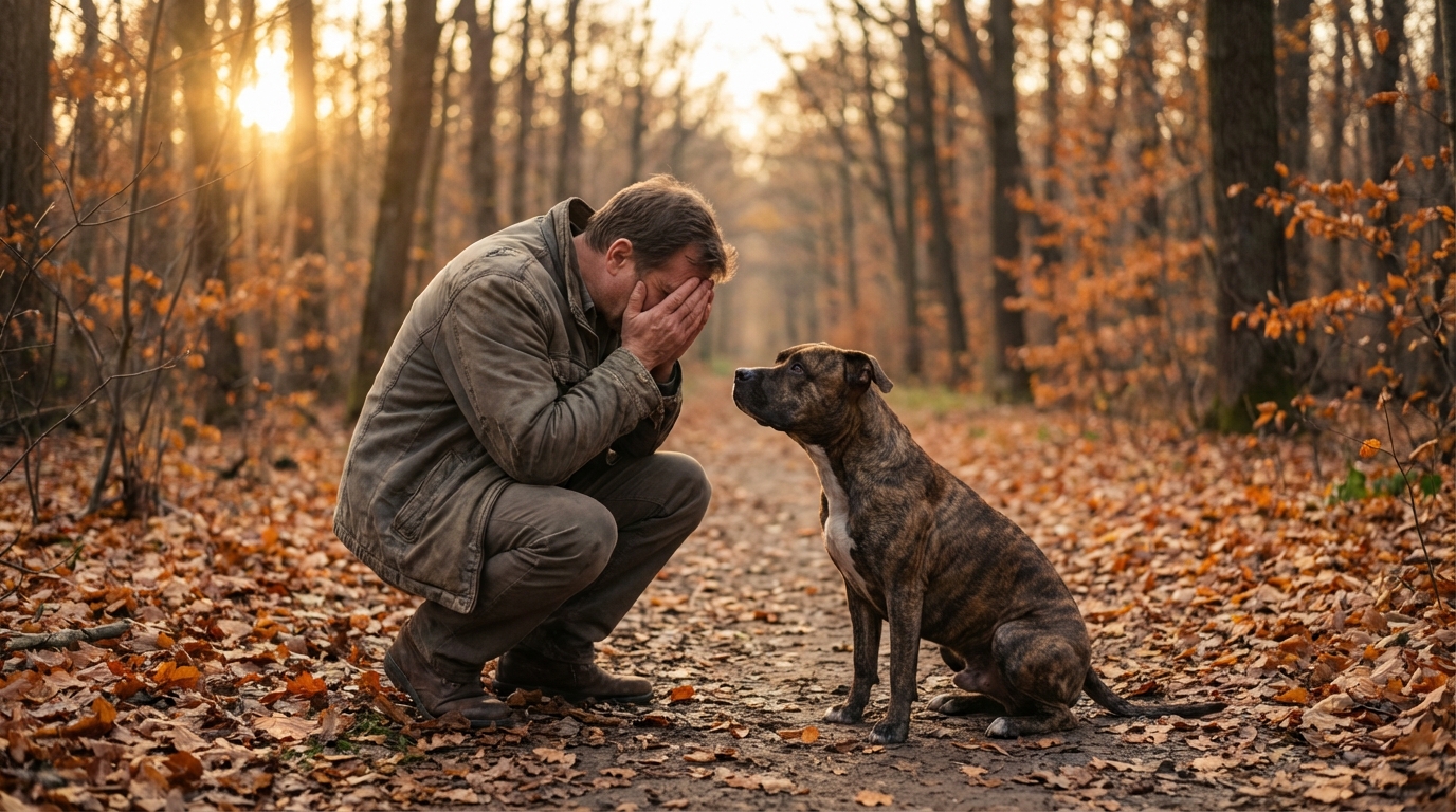 Un homme accablé par le chagrin, assis sur un sentier forestier en automne, son chien de type pitbull assis loyalement à ses côtés.
