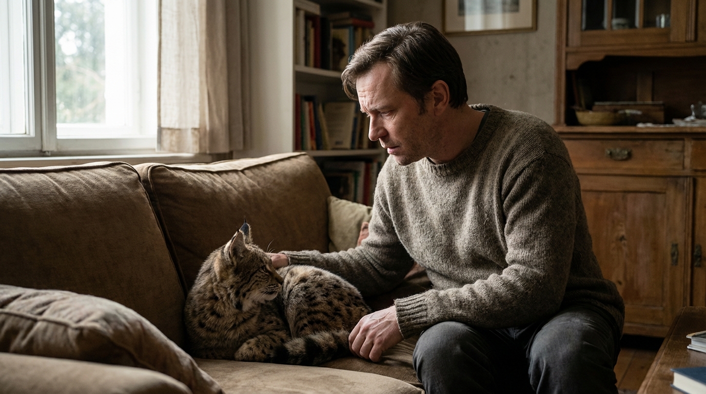 Un homme au visage soucieux caresse doucement un chat à l'apparence sauvage, symbolisant une adoption complexe et risquée.