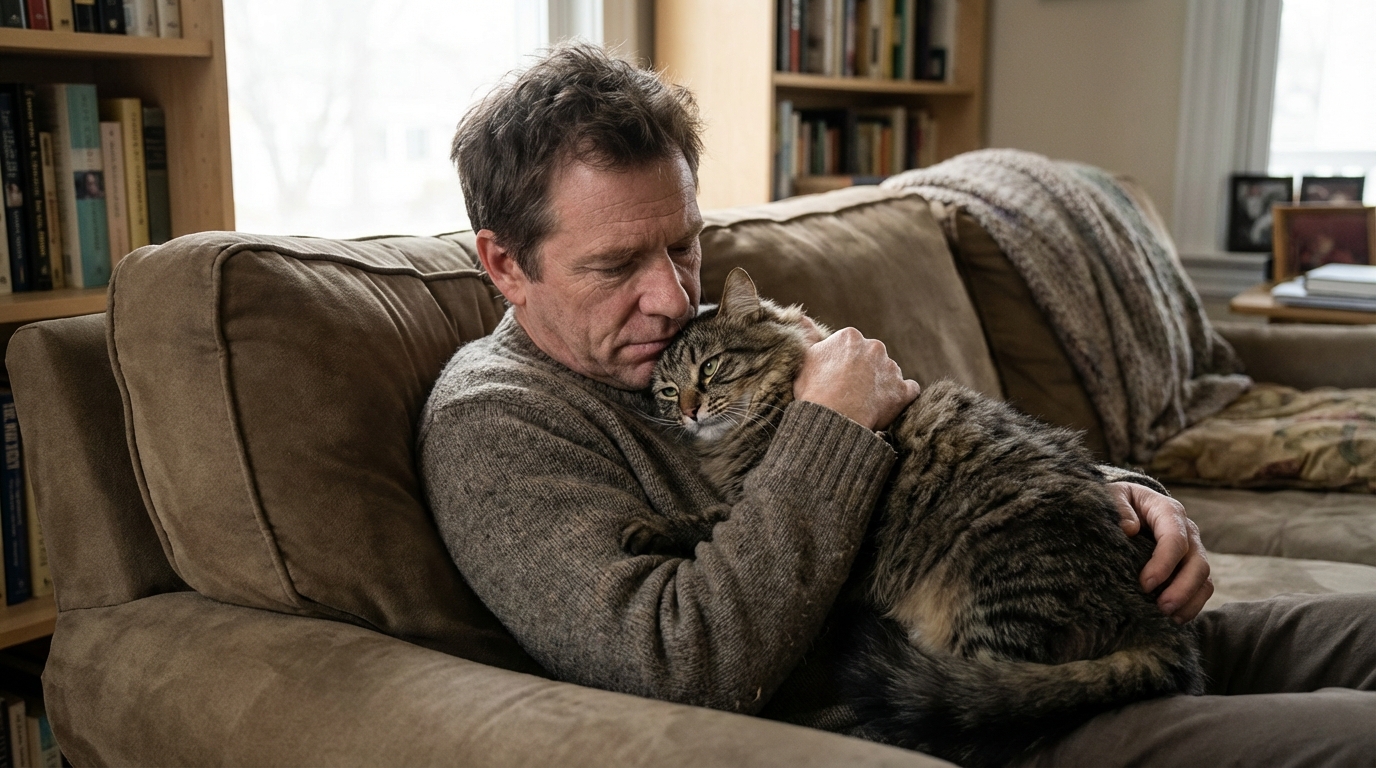 Un homme au visage soucieux serre tendrement dans ses bras son chat tigré, assis sur un canapé dans un salon chaleureux.