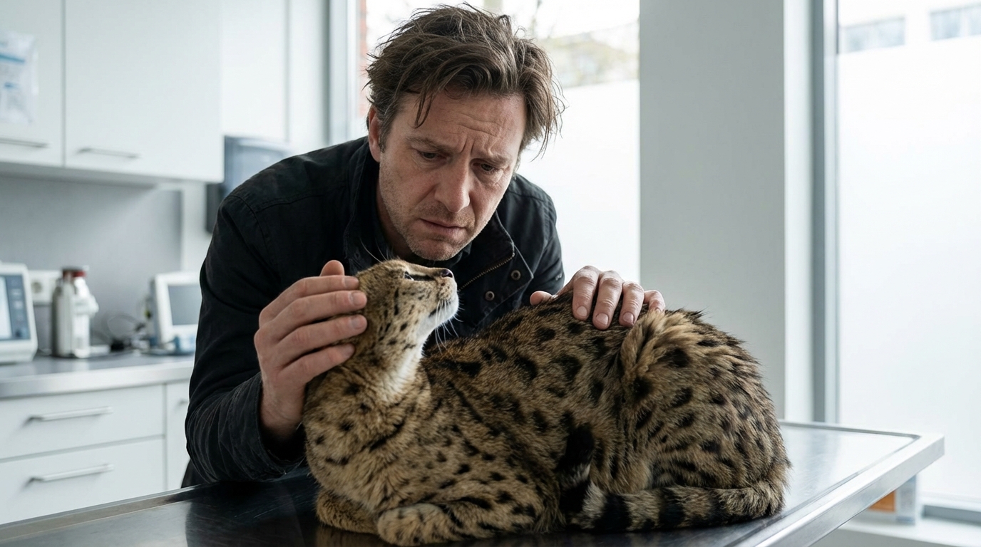 Un homme au visage soucieux réconforte son chat, qui ressemble à un chat domestique, dans une salle de consultation vétérinaire.