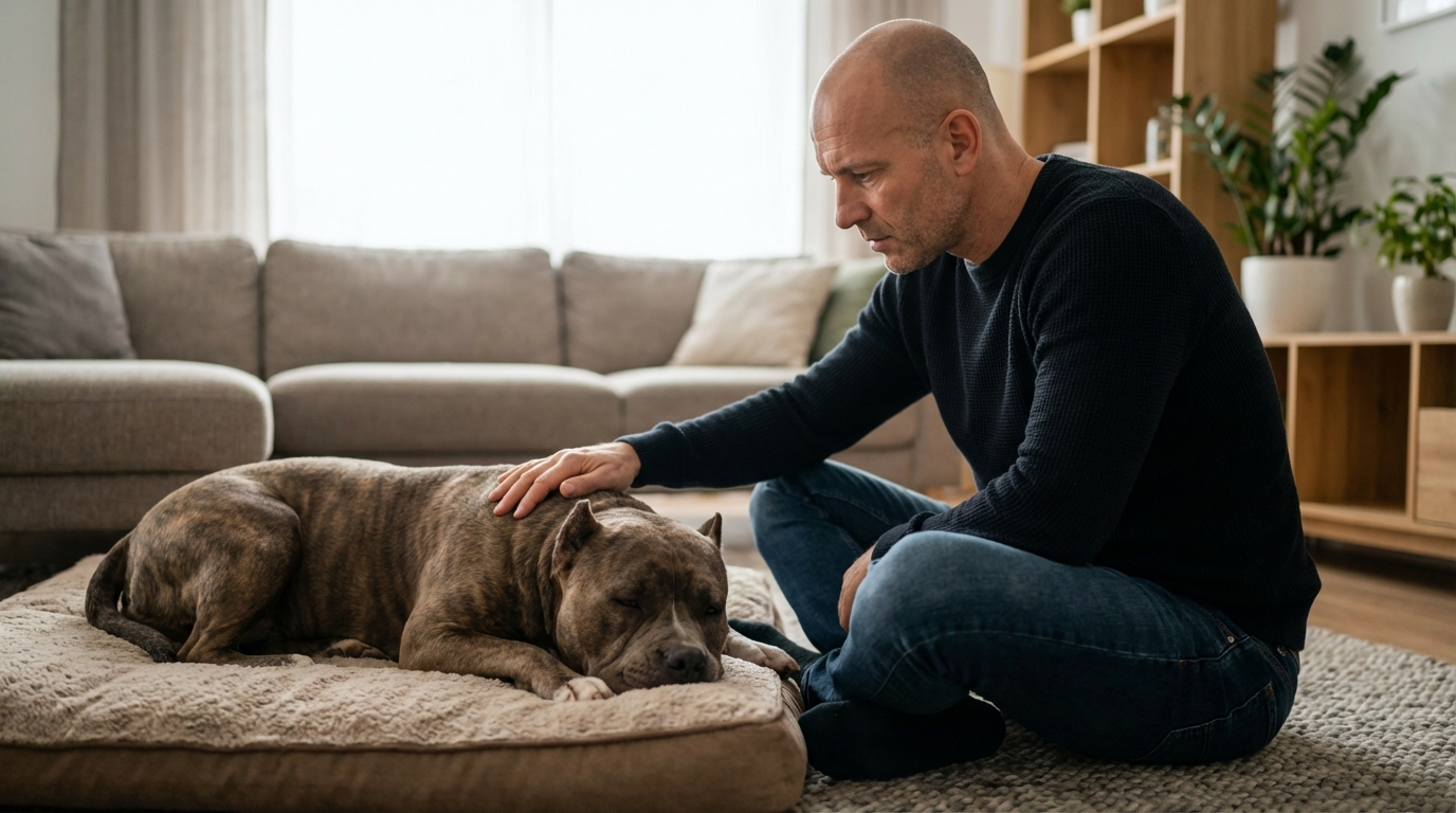 Un homme, le visage empreint d'inquiétude, est assis à côté de son grand chien de type American Bully, couché et visiblement affaibli.