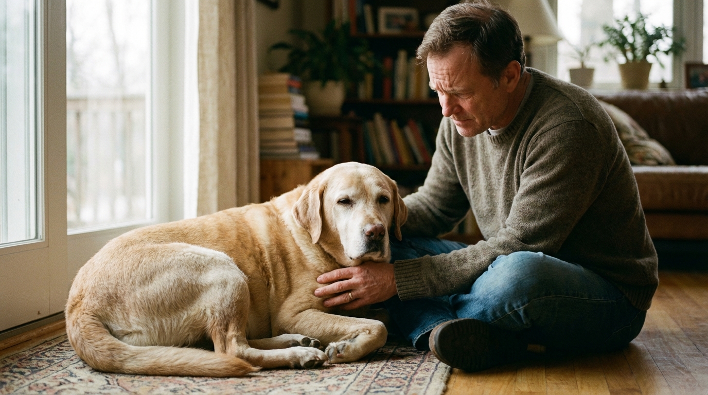 Un homme au regard inquiet caresse tendrement son chien, un Golden Retriever, couché et affaibli sur un canapé.