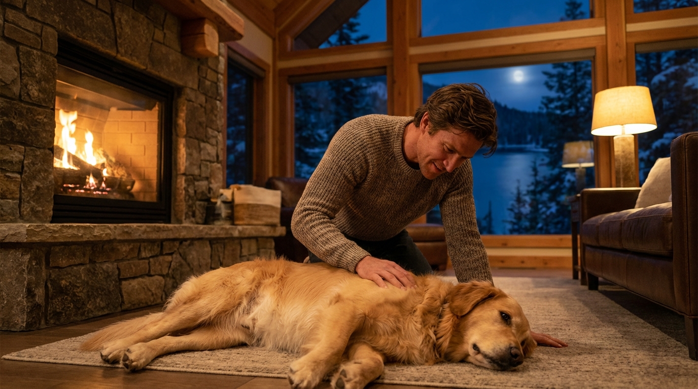 Un homme caresse doucement son chien qui est couché près de lui, une scène de réconfort et de protection après une agression.