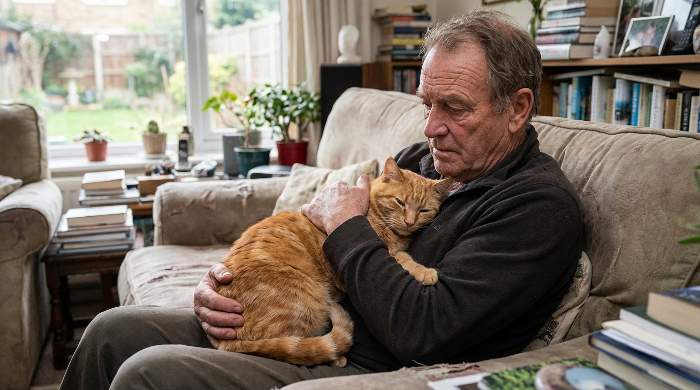 Un homme d'une quarantaine d'années caresse doucement un chat tigré blotti contre lui sur un canapé, symbolisant l'amour et la protection.