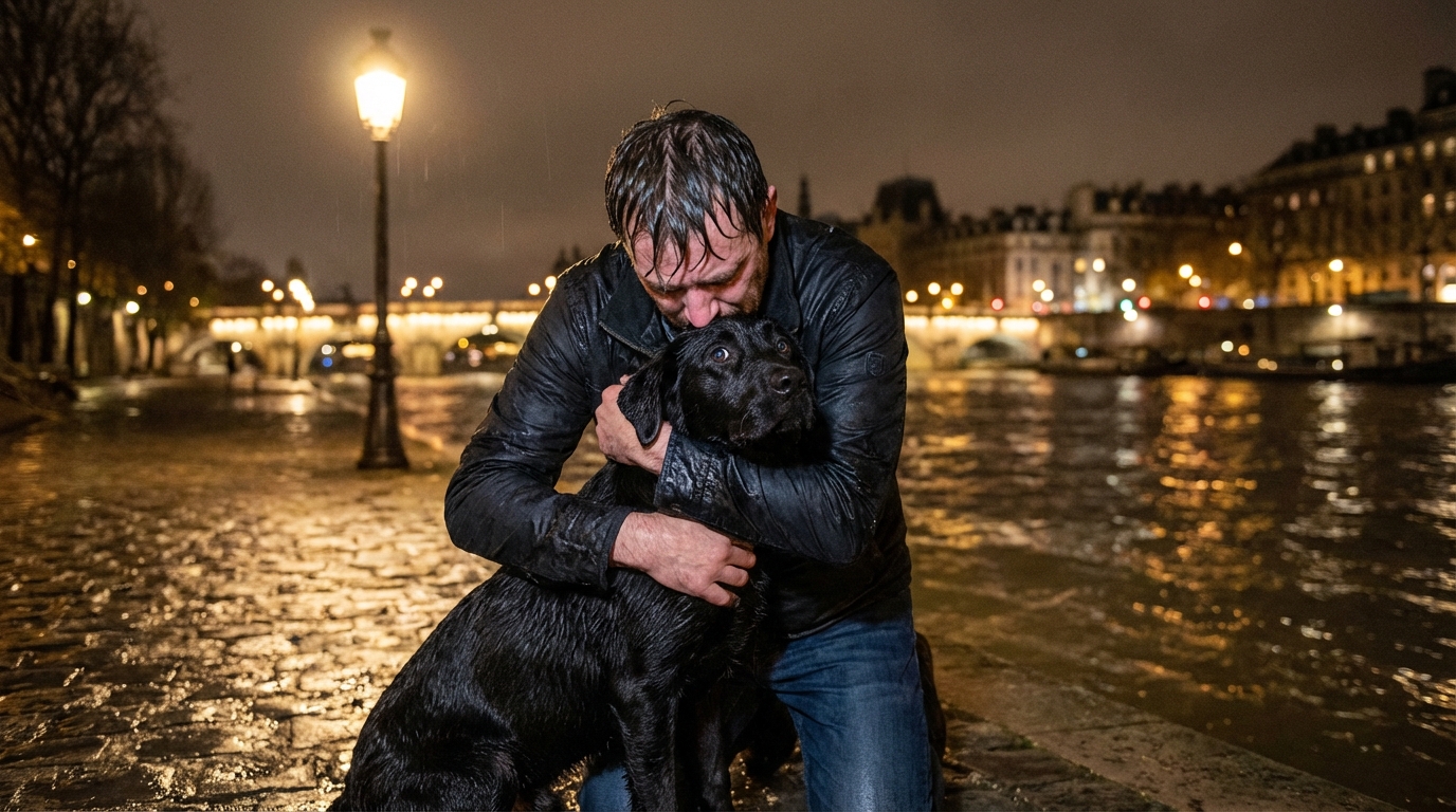 Un jeune labrador noir, trempé et l'air effrayé, est blotti contre son sauveteur au bord d'un quai parisien, de nuit.