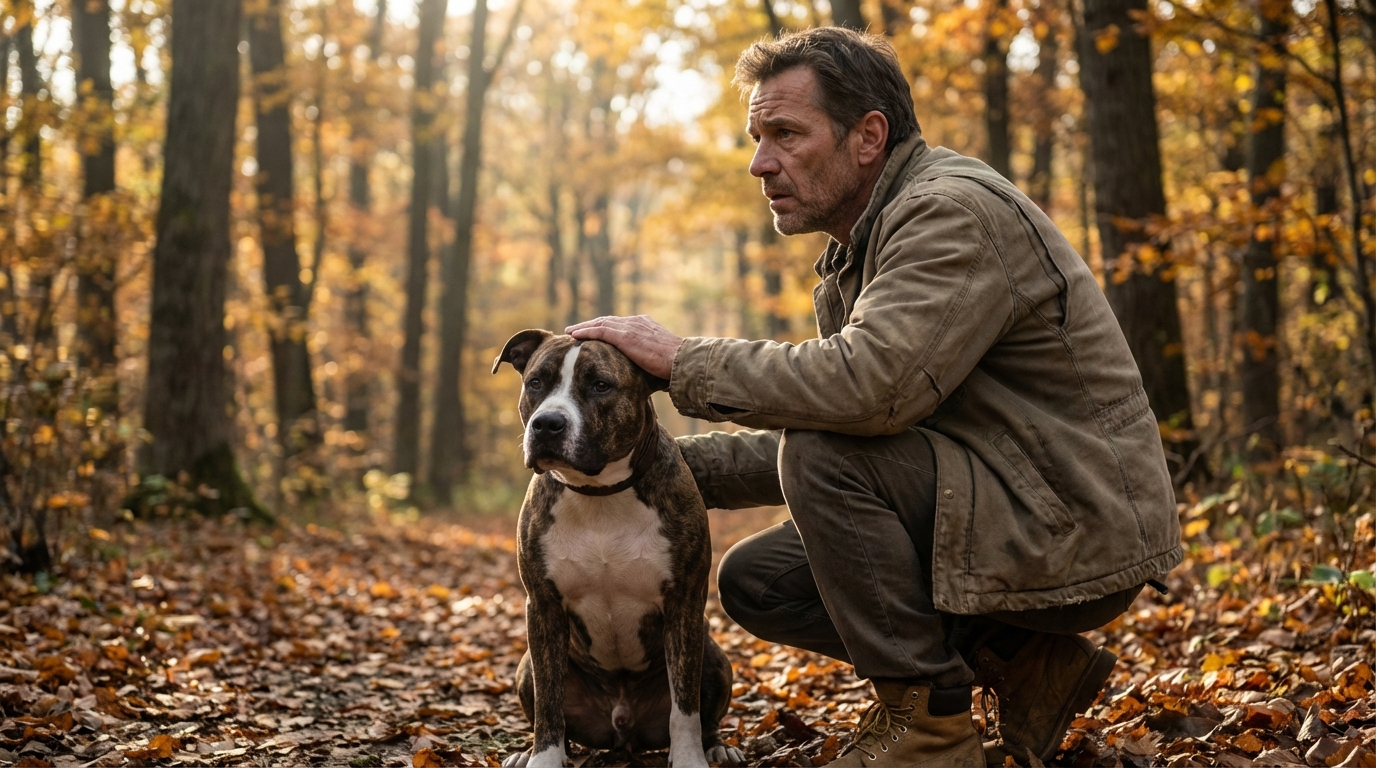 Un homme regarde avec une expression grave et triste son chien de type American Staffordshire Terrier assis à ses pieds dans une forêt.