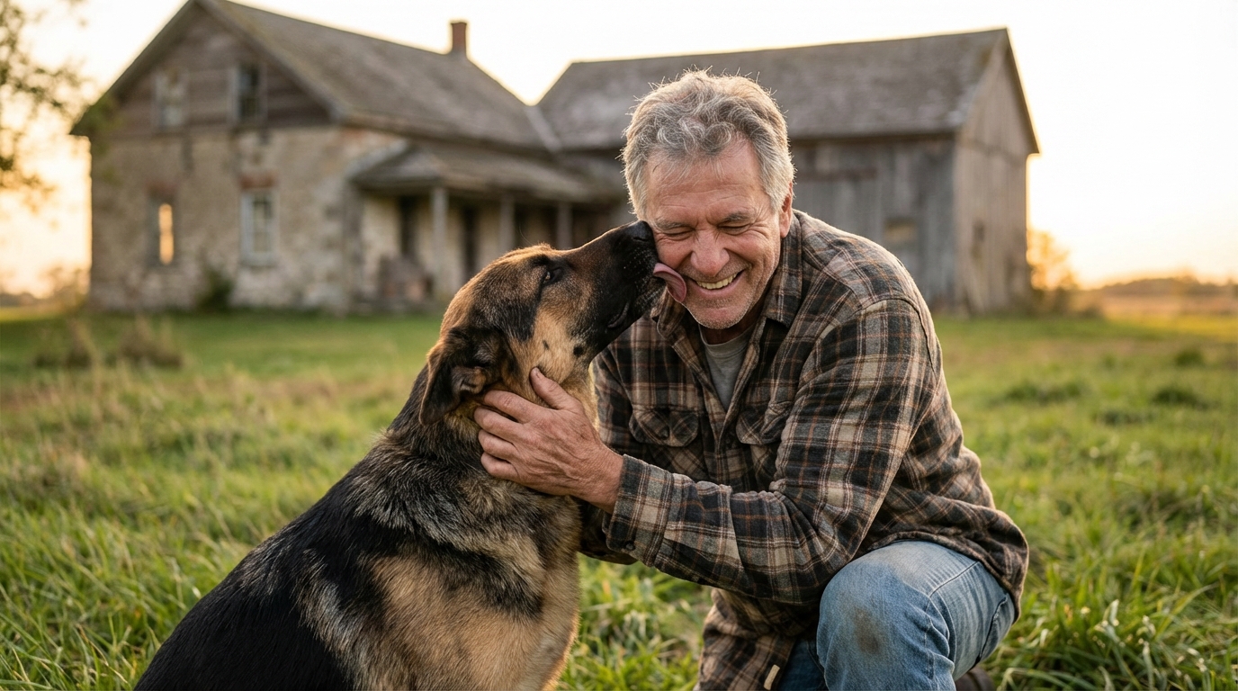 Un homme ému serre dans ses bras son chien croisé Berger Allemand après des mois de séparation, dans un décor de campagne.